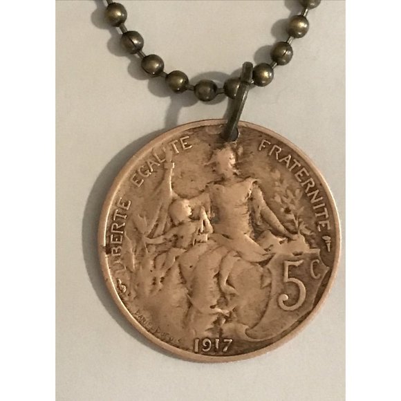 1917 France 5 COIN PENDANT French Antique Circulated Great Gift! 20” Necklace - Picture 1 of 6